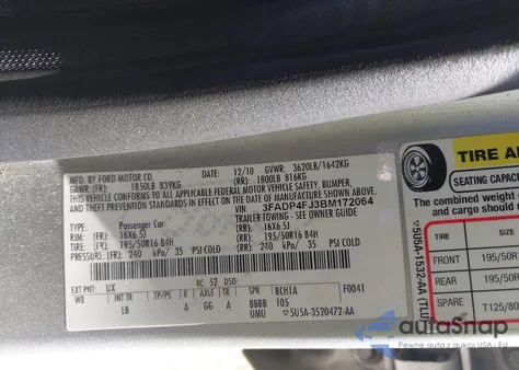 2011 Ford Fiesta Ses z USA, uszkodzony, nr VIN 3FADP4FJ3BM172064